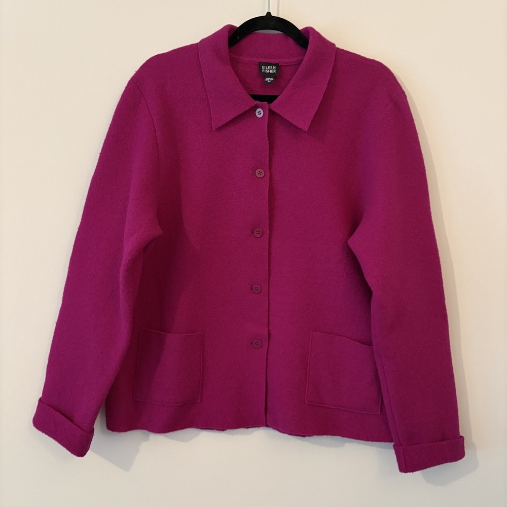 Eileen Fisher Boiled Wool Jacket Magenta M Quiet Luxury Minimalist Preppy Winter